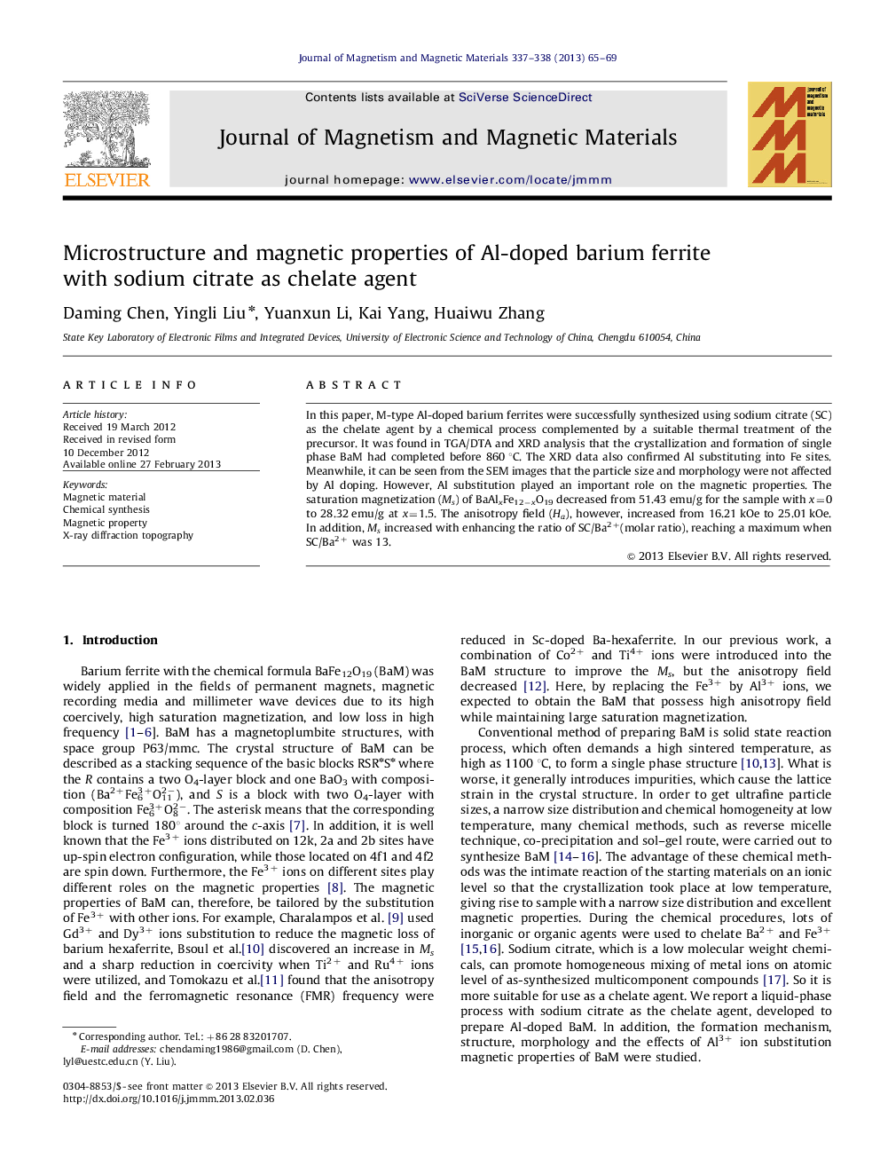 Microstructure and magnetic properties of Al-doped barium ferrite with sodium citrate as chelate agent