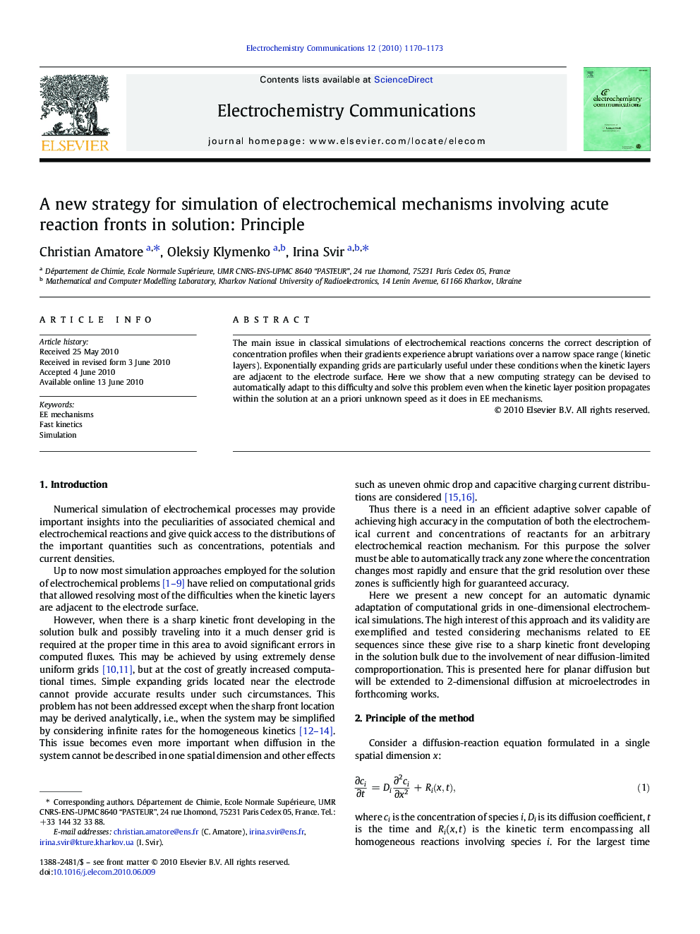 A new strategy for simulation of electrochemical mechanisms involving acute reaction fronts in solution: Principle