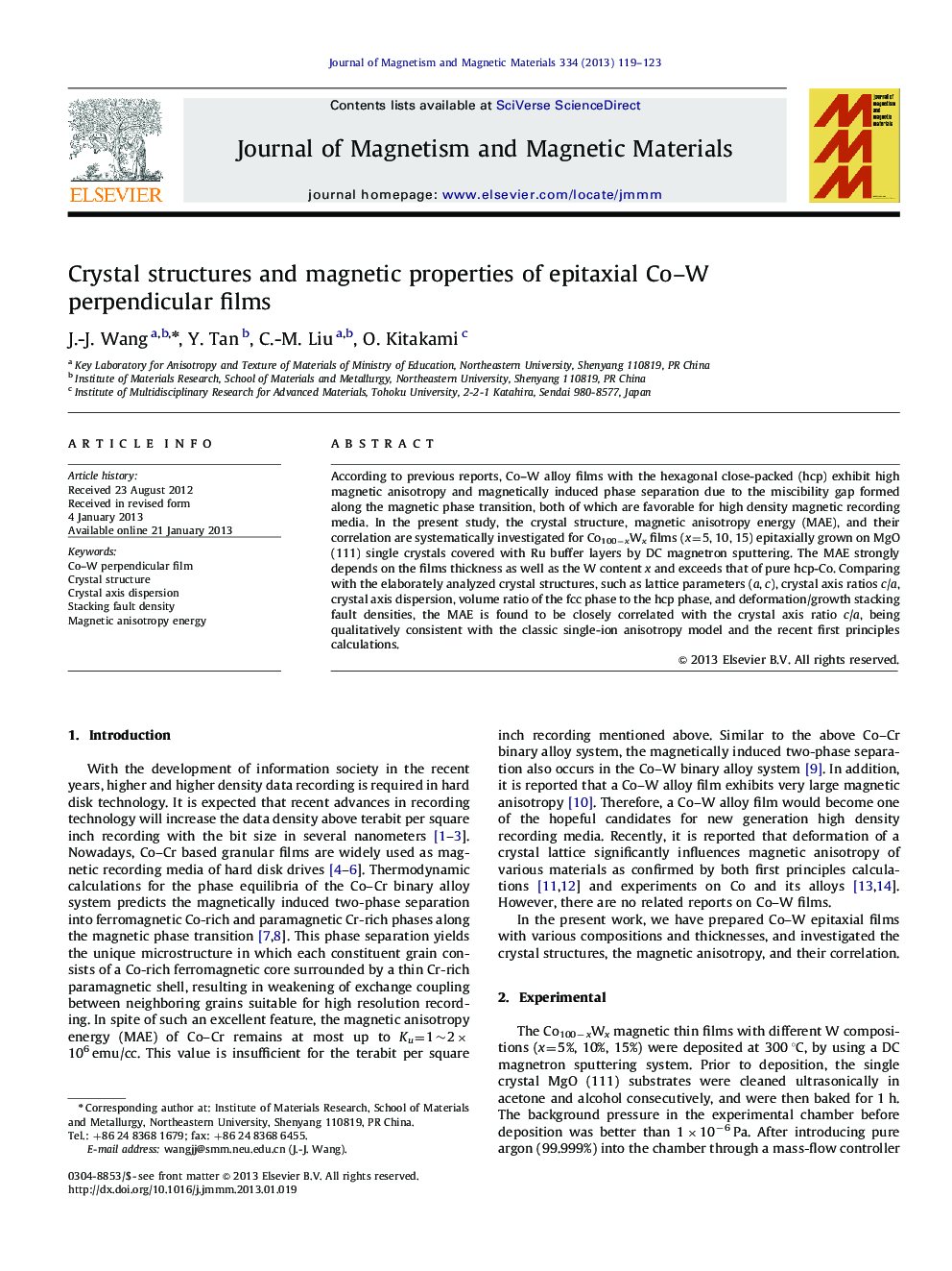 Crystal structures and magnetic properties of epitaxial Co–W perpendicular films