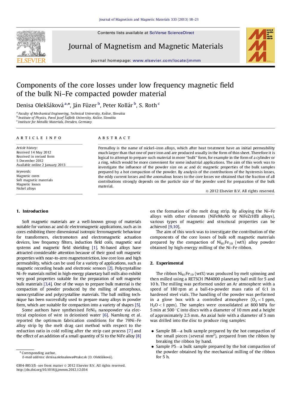 Components of the core losses under low frequency magnetic field of the bulk Ni–Fe compacted powder material