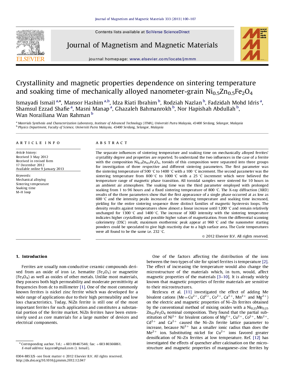 Crystallinity and magnetic properties dependence on sintering temperature and soaking time of mechanically alloyed nanometer-grain Ni0.5Zn0.5Fe2O4