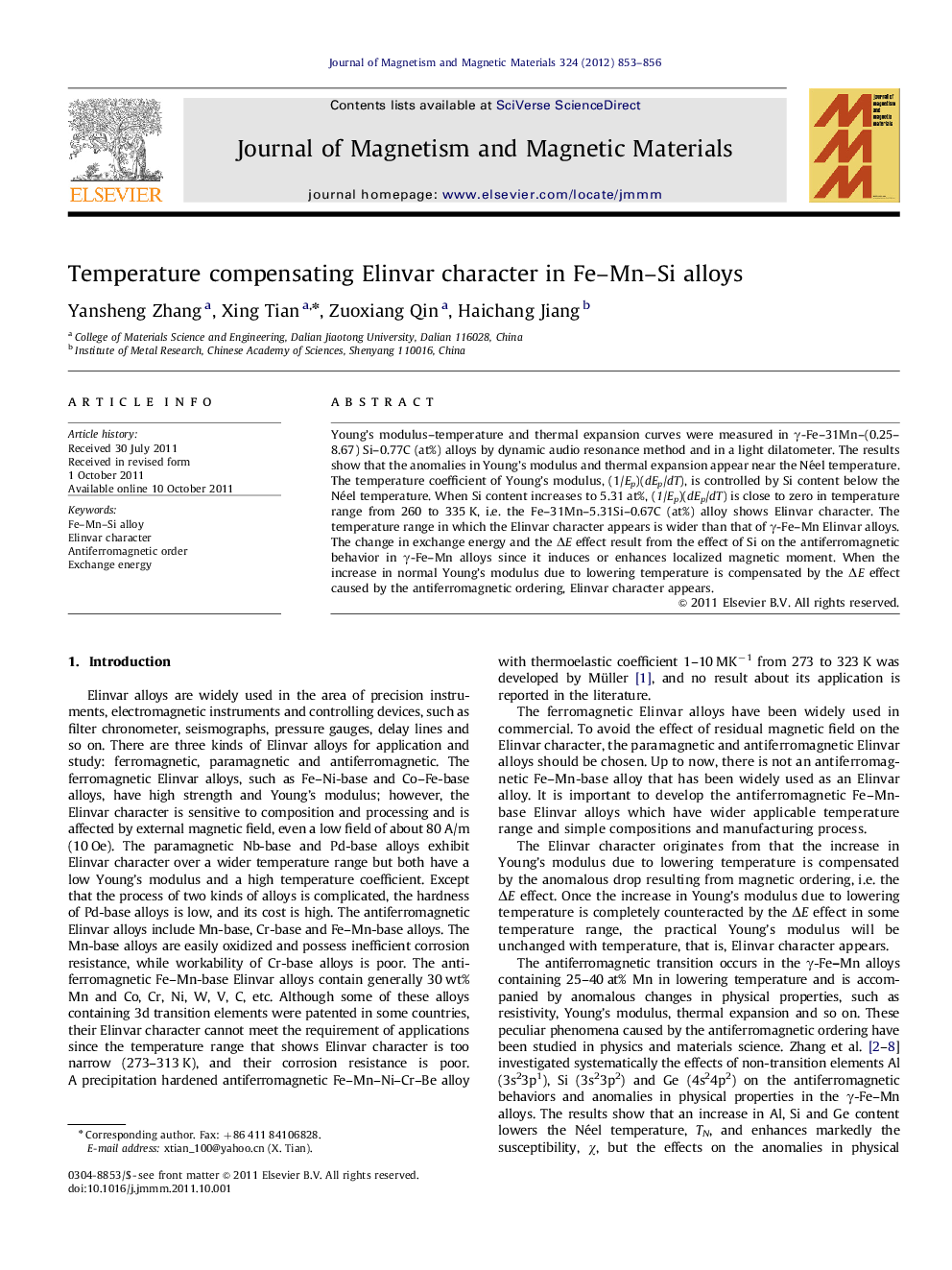 Temperature compensating Elinvar character in Fe–Mn–Si alloys