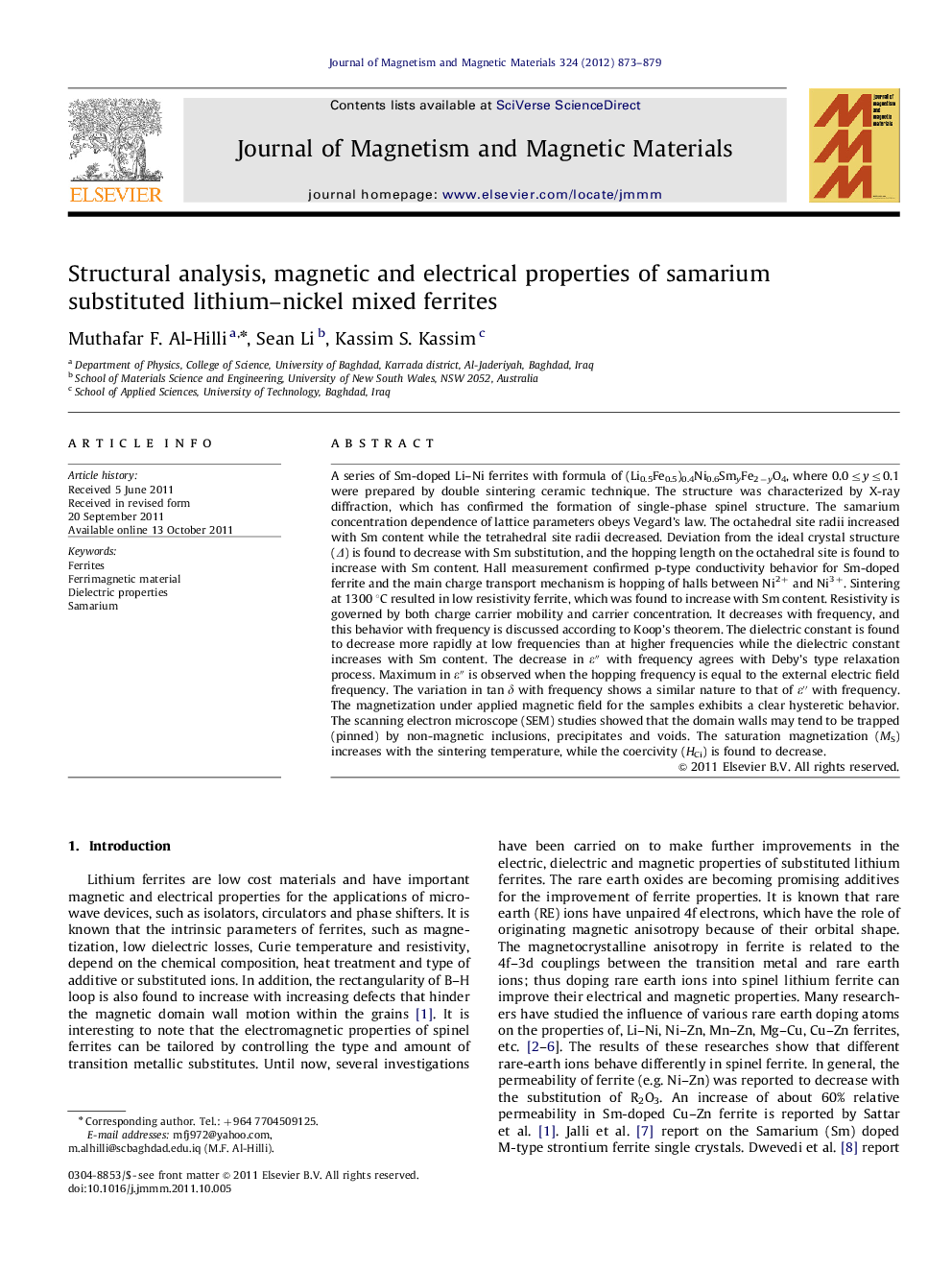 Structural analysis, magnetic and electrical properties of samarium substituted lithium–nickel mixed ferrites