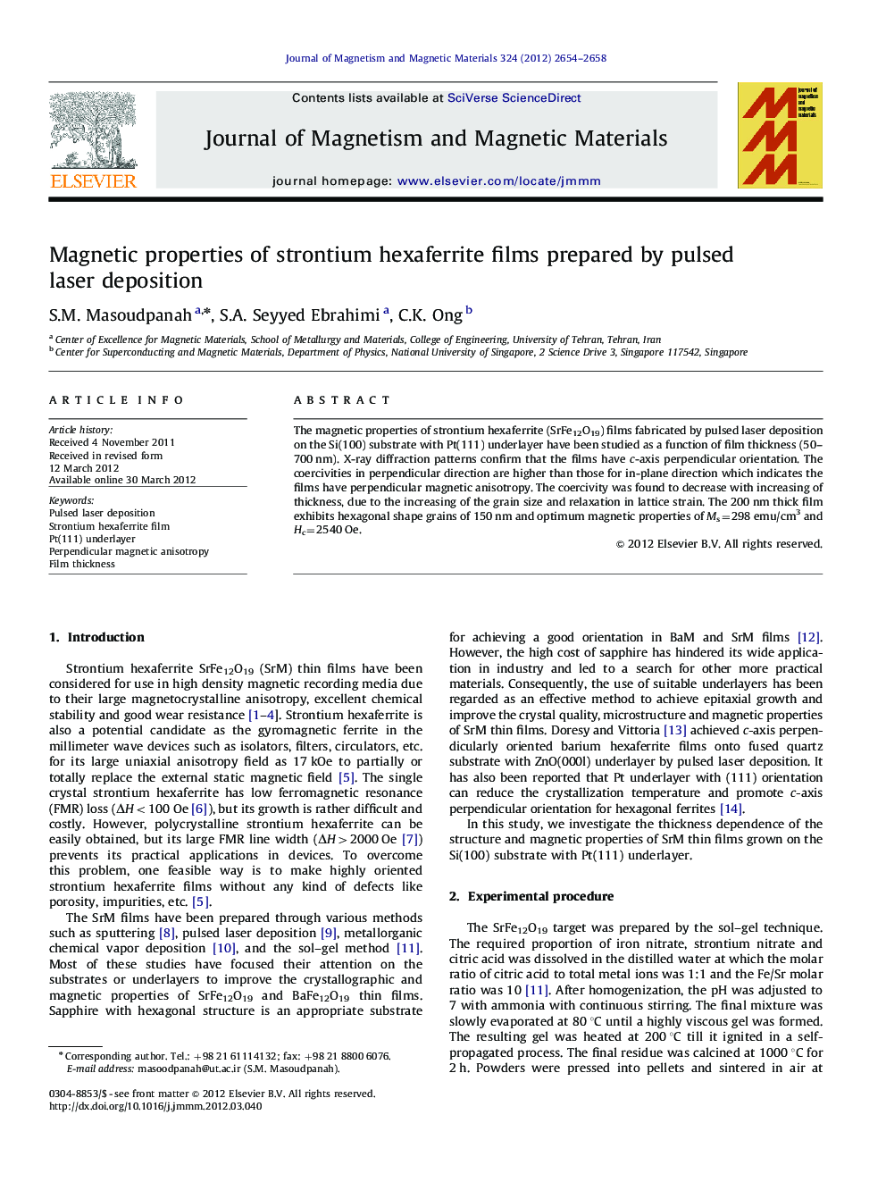 Magnetic properties of strontium hexaferrite films prepared by pulsed laser deposition