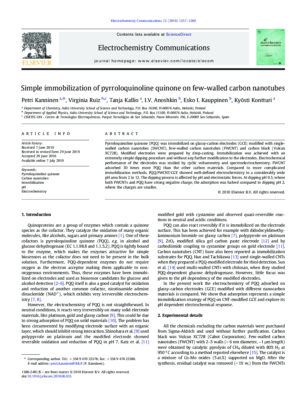 Simple immobilization of pyrroloquinoline quinone on few-walled carbon nanotubes