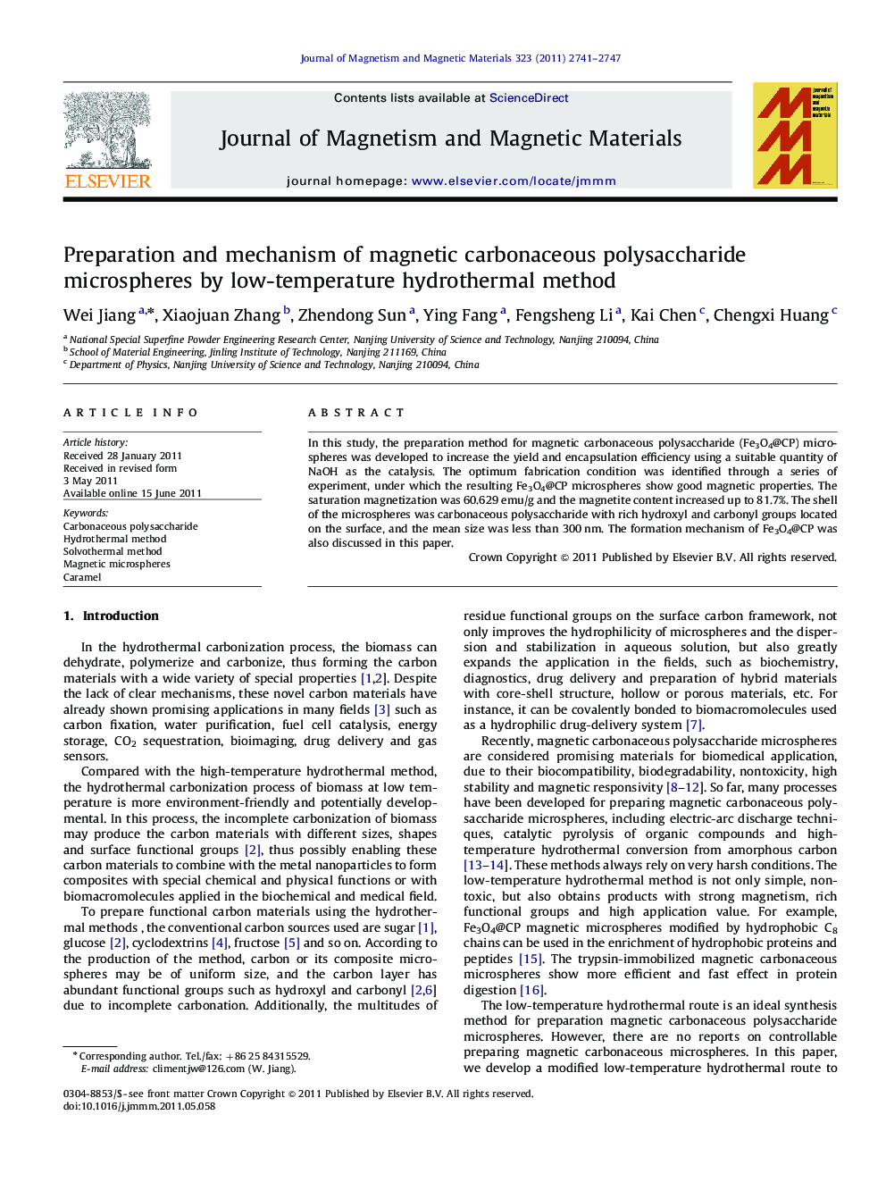 Preparation and mechanism of magnetic carbonaceous polysaccharide microspheres by low-temperature hydrothermal method