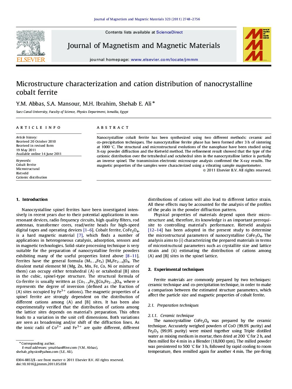 Microstructure characterization and cation distribution of nanocrystalline cobalt ferrite