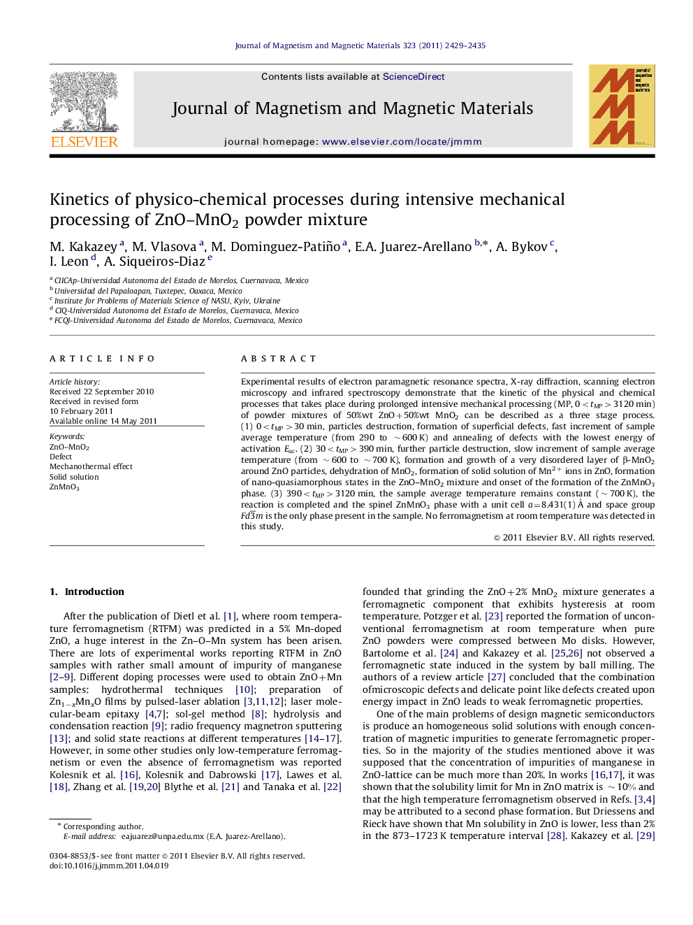 Kinetics of physico-chemical processes during intensive mechanical processing of ZnO–MnO2 powder mixture