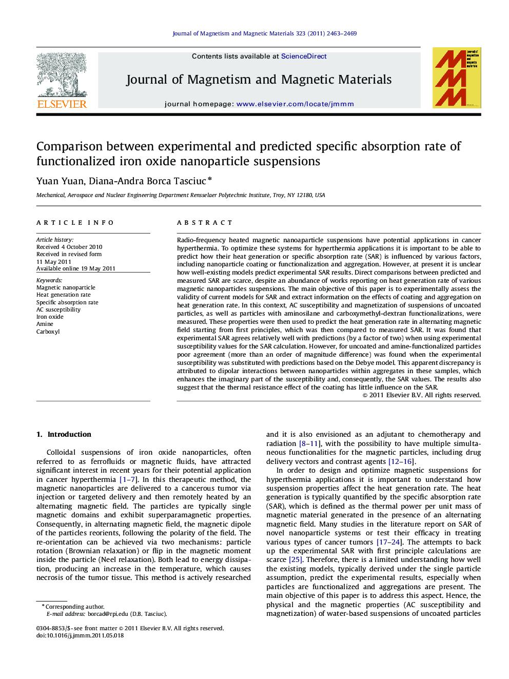 Comparison between experimental and predicted specific absorption rate of functionalized iron oxide nanoparticle suspensions