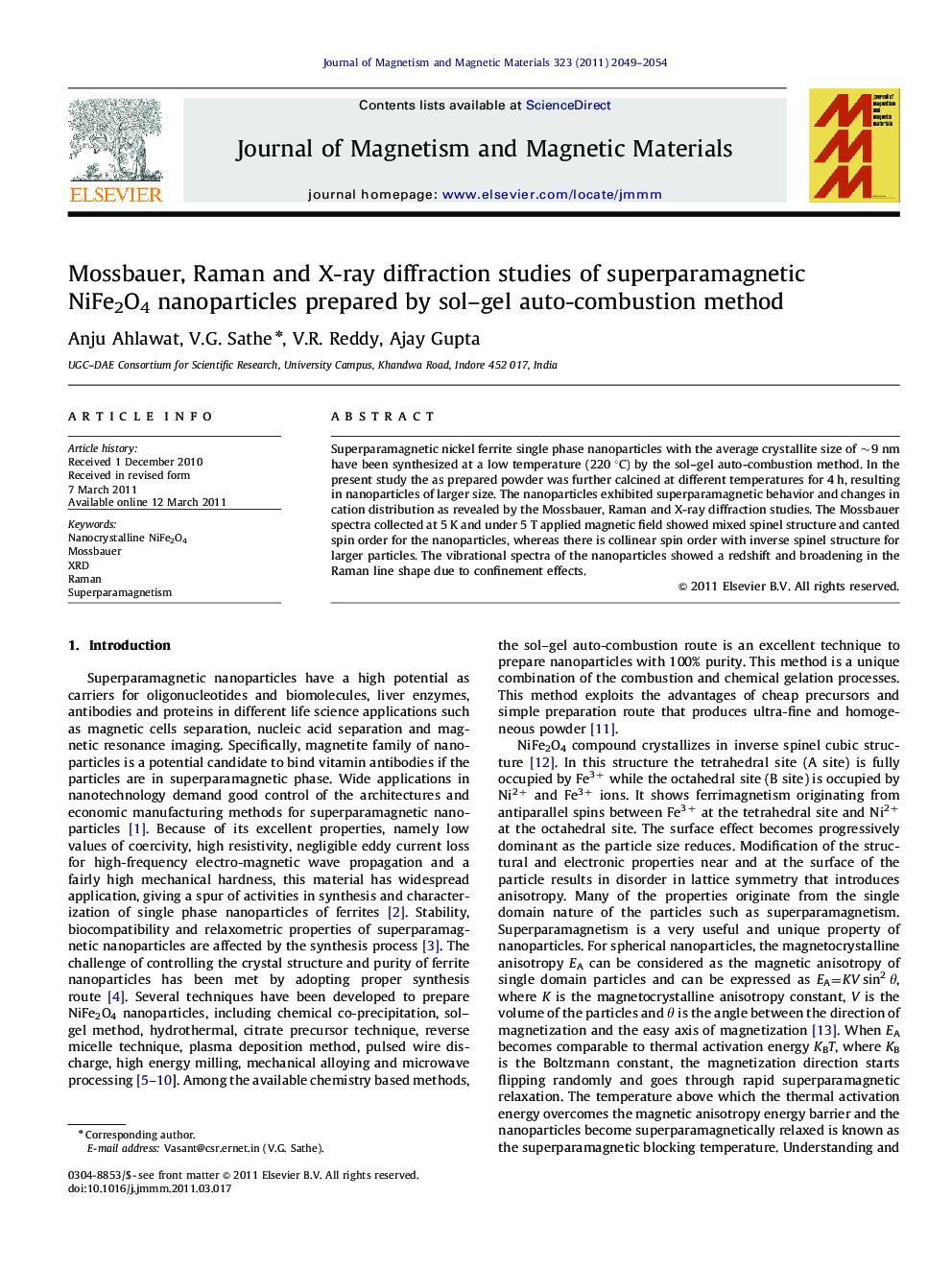 Mossbauer, Raman and X-ray diffraction studies of superparamagnetic NiFe2O4 nanoparticles prepared by sol–gel auto-combustion method