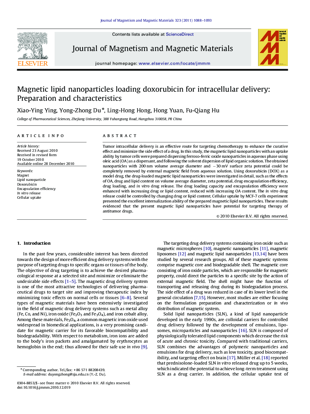 Magnetic lipid nanoparticles loading doxorubicin for intracellular delivery: Preparation and characteristics