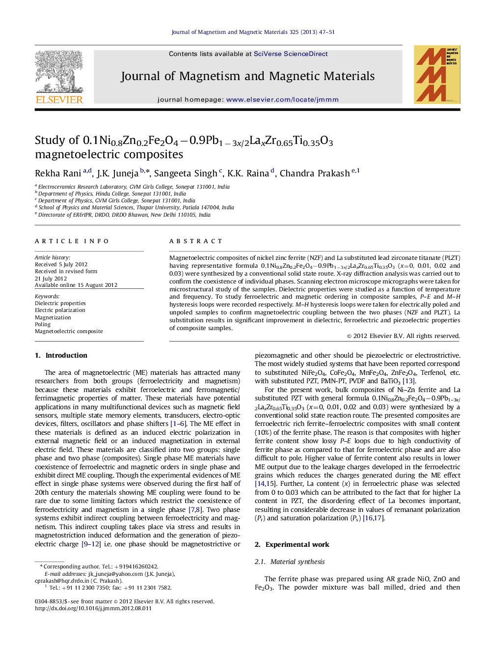 Study of 0.1Ni0.8Zn0.2Fe2O4−0.9Pb1−3x/2LaxZr0.65Ti0.35O3 magnetoelectric composites