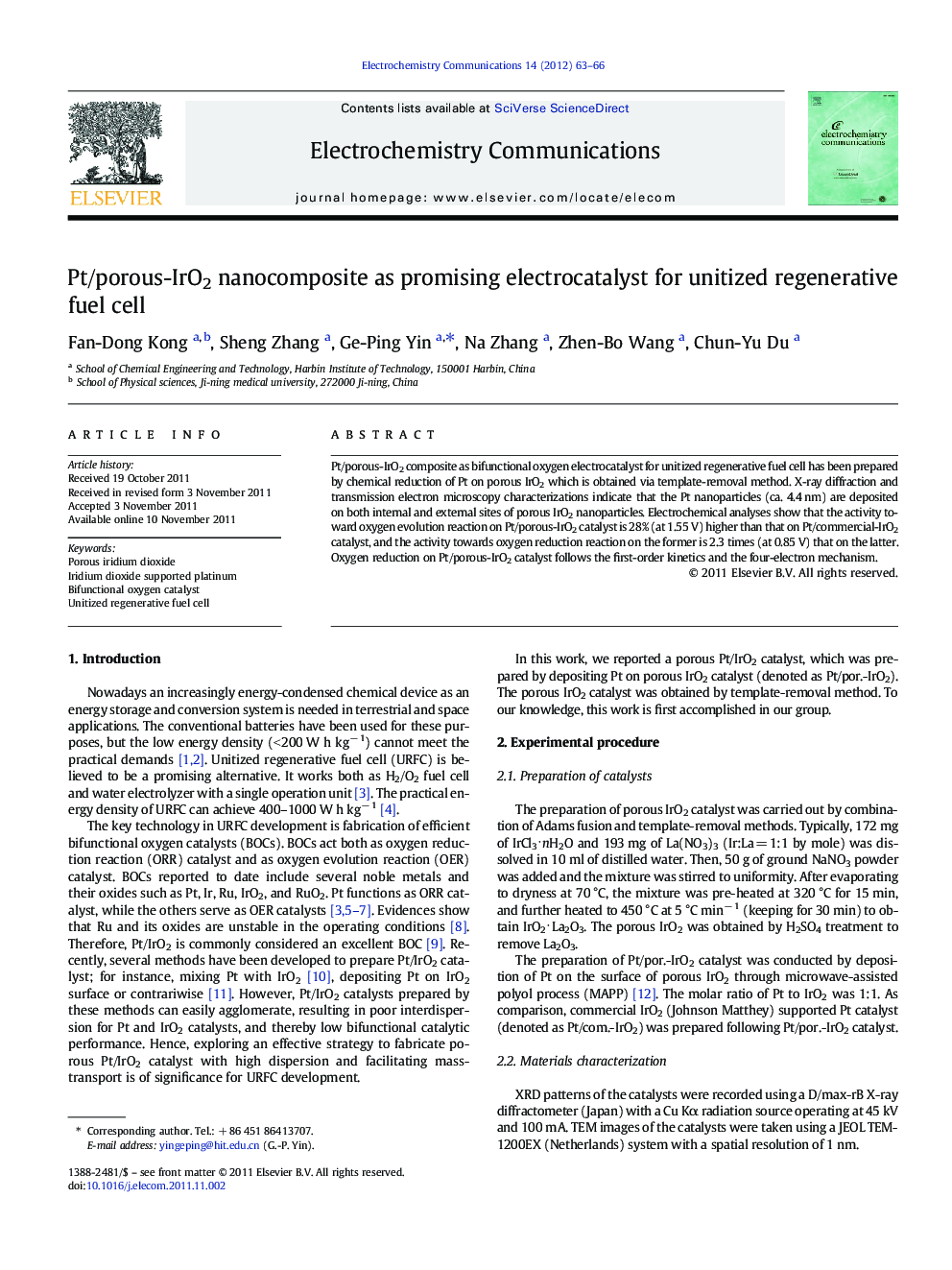 Pt/porous-IrO2 nanocomposite as promising electrocatalyst for unitized regenerative fuel cell