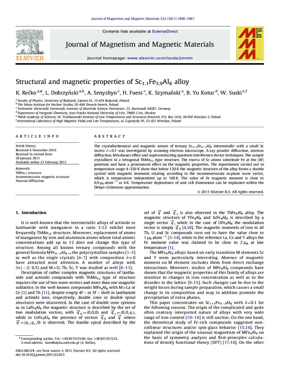 Structural and magnetic properties of Sc1.1Fe3.9Al8 alloy
