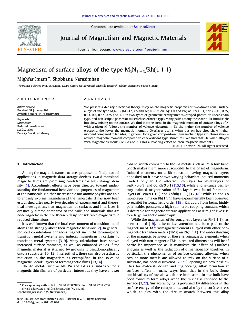 Magnetism of surface alloys of the type MxN1âx/Rh(1Â 1Â 1)