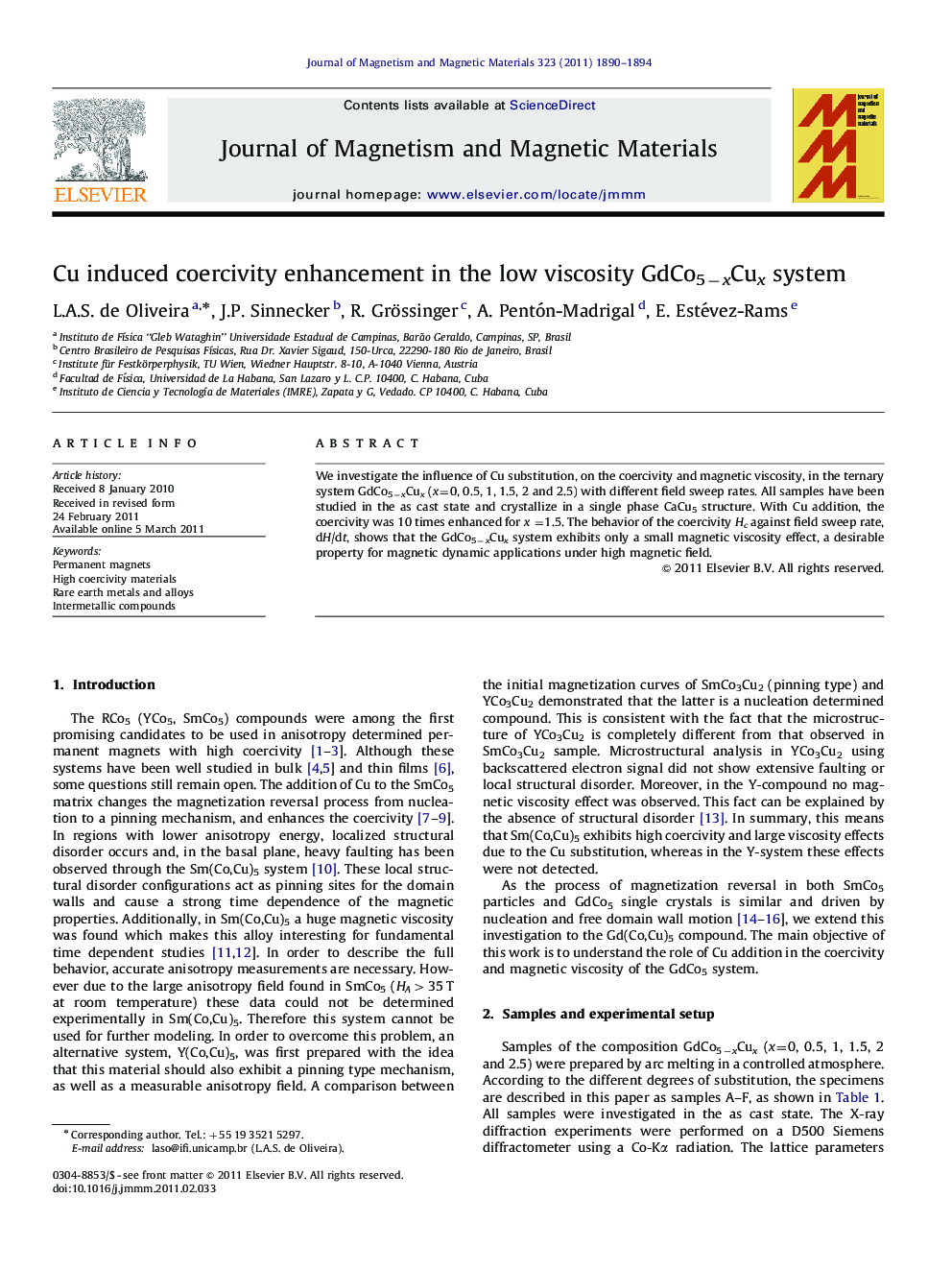 Cu induced coercivity enhancement in the low viscosity GdCo5−xCux system