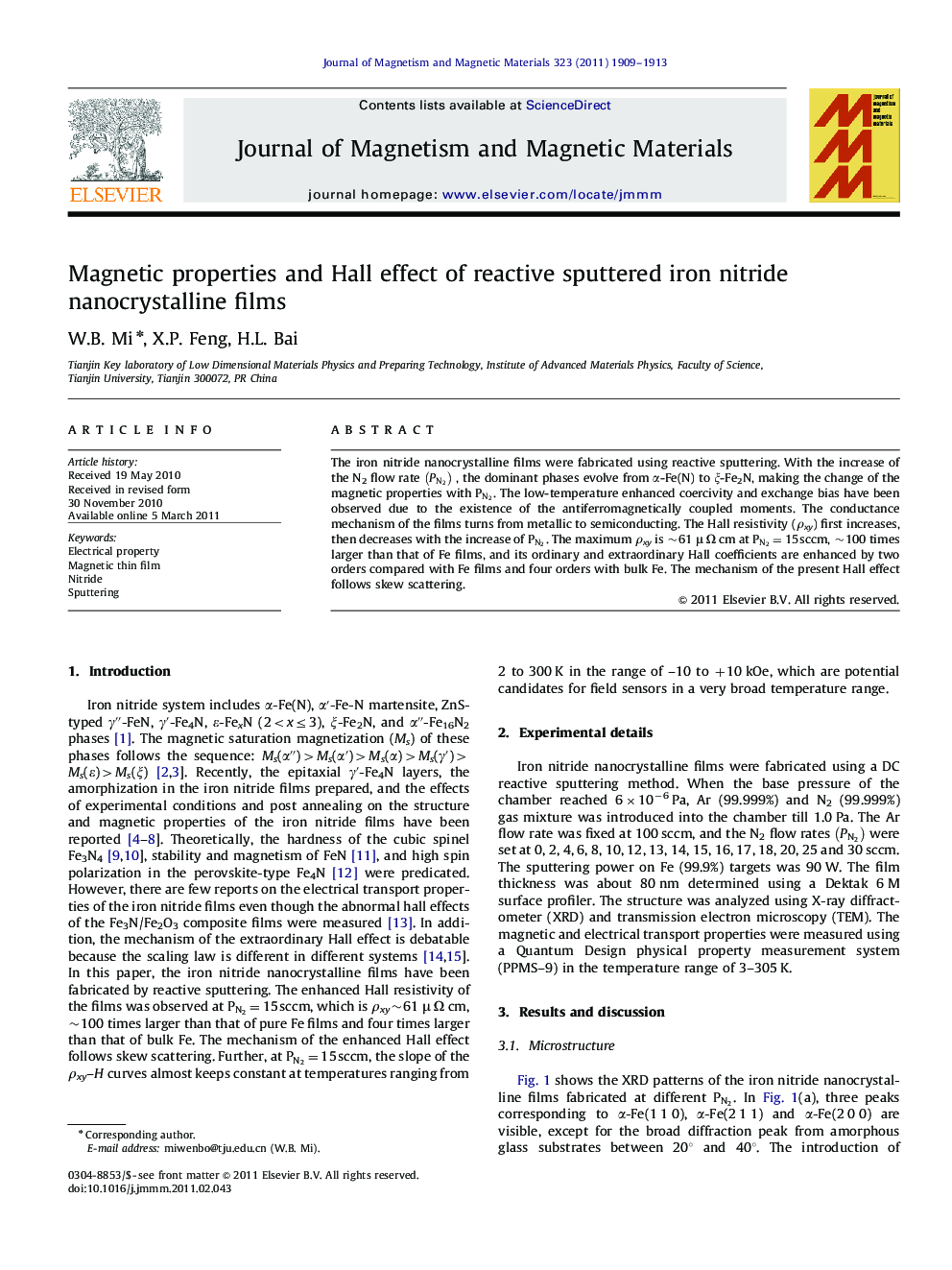 Magnetic properties and Hall effect of reactive sputtered iron nitride nanocrystalline films