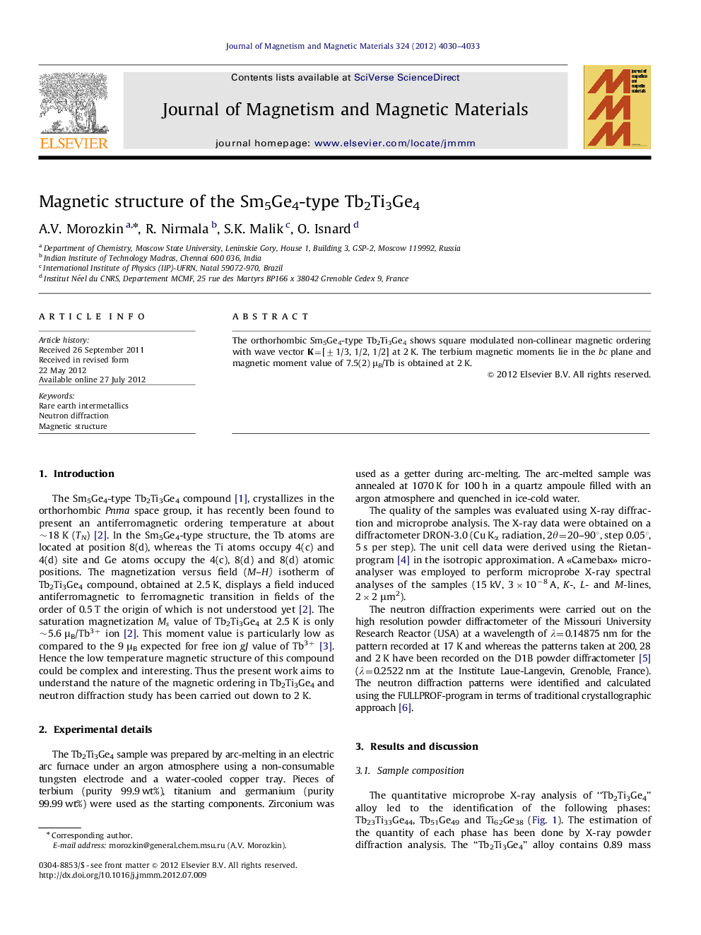 Magnetic structure of the Sm5Ge4-type Tb2Ti3Ge4