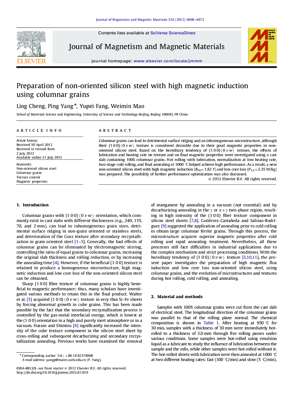 Preparation of non-oriented silicon steel with high magnetic induction using columnar grains