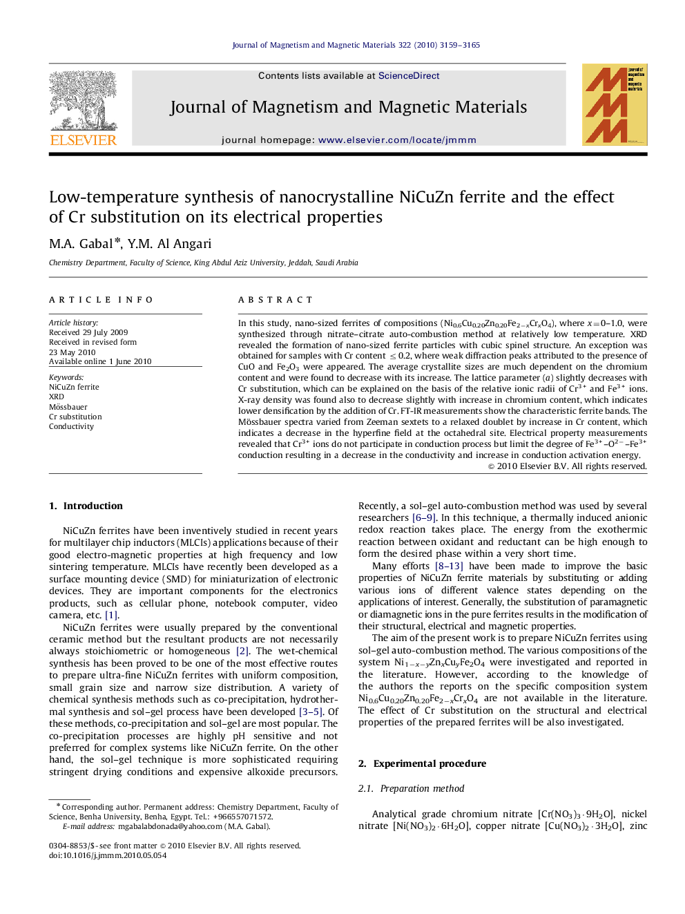 Low-temperature synthesis of nanocrystalline NiCuZn ferrite and the effect of Cr substitution on its electrical properties