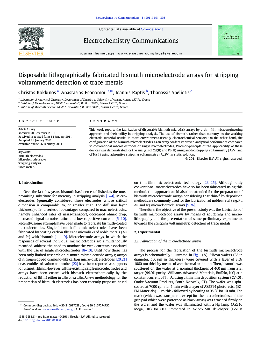 Disposable lithographically fabricated bismuth microelectrode arrays for stripping voltammetric detection of trace metals