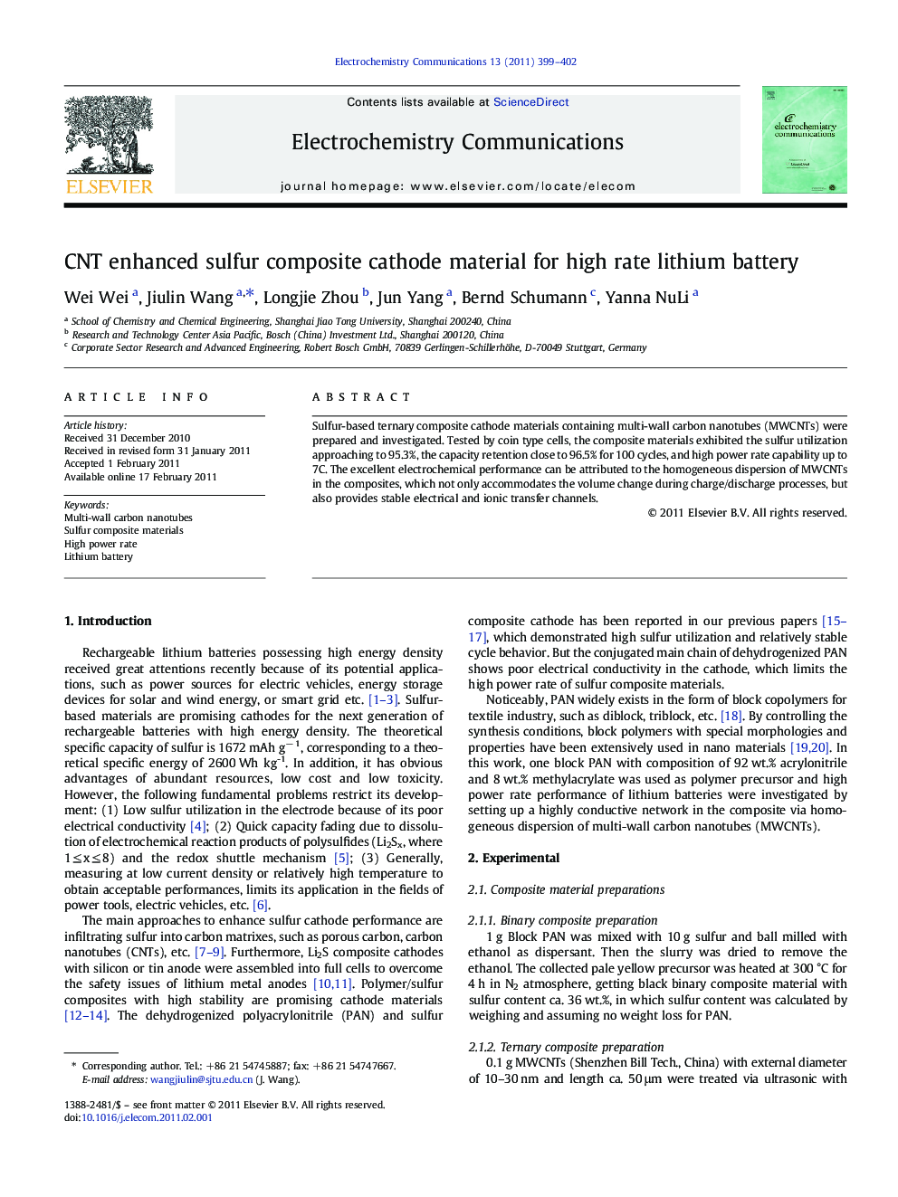 CNT enhanced sulfur composite cathode material for high rate lithium battery