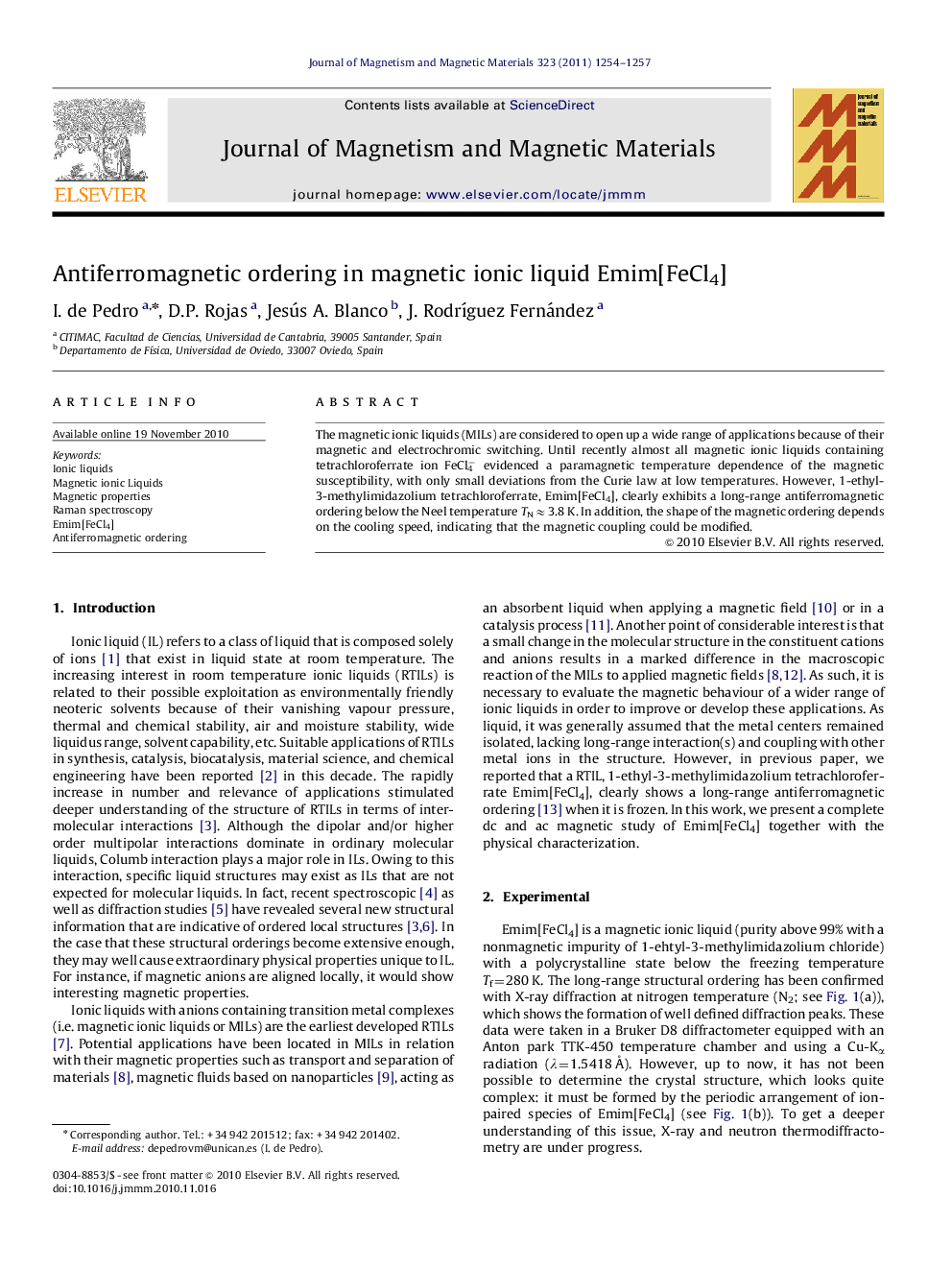 Antiferromagnetic ordering in magnetic ionic liquid Emim[FeCl4]