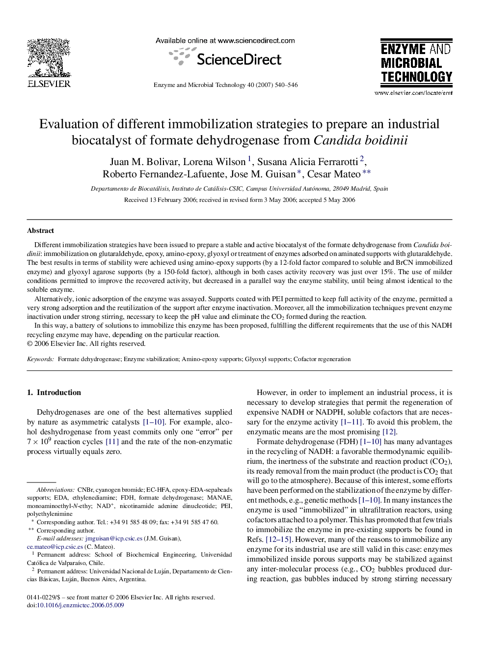 Evaluation of different immobilization strategies to prepare an industrial biocatalyst of formate dehydrogenase from Candida boidinii