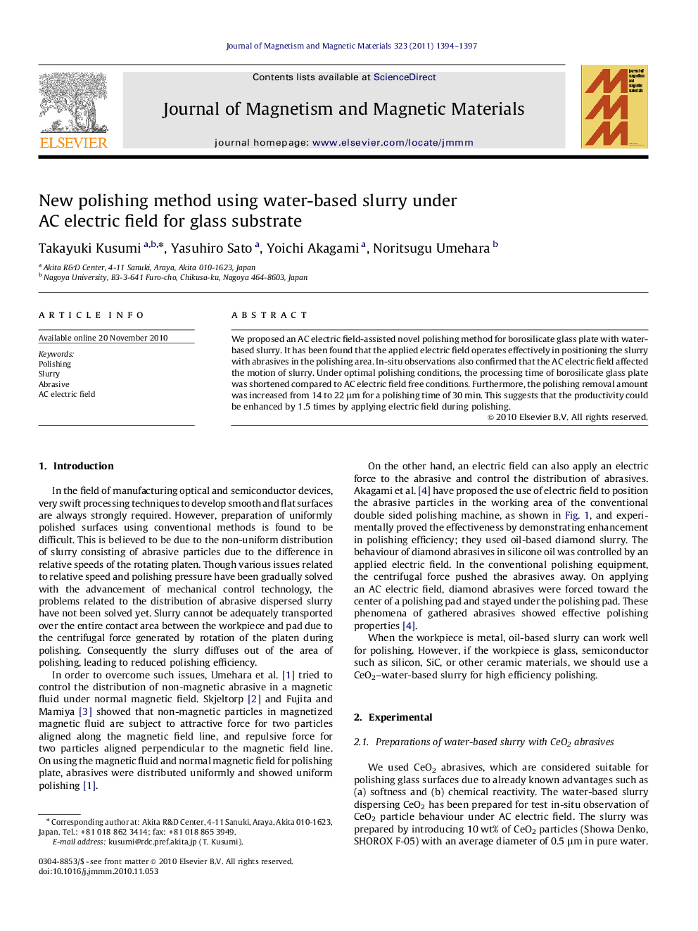 New polishing method using water-based slurry under AC electric field for glass substrate