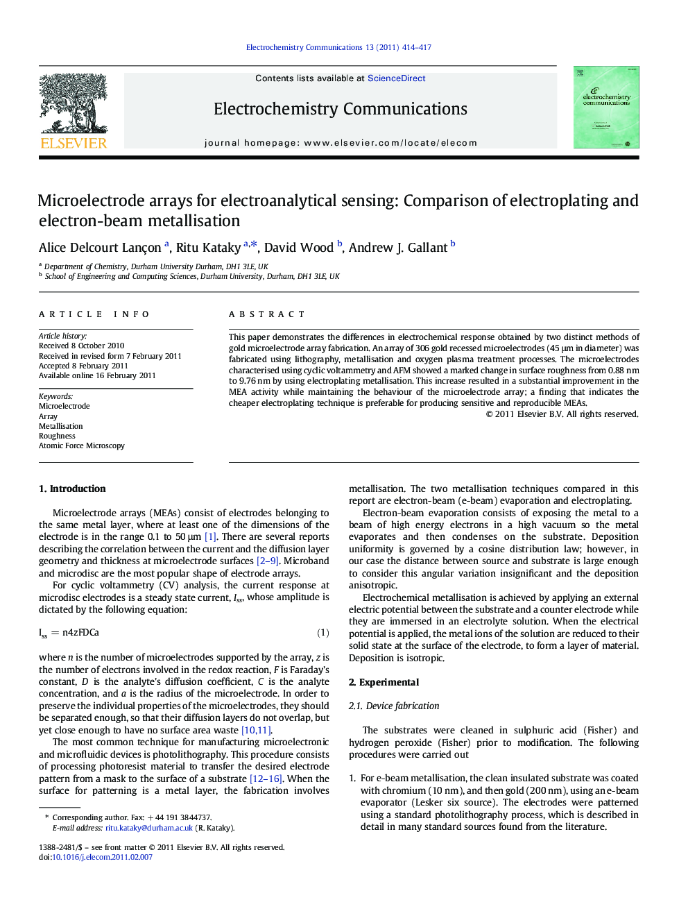 Microelectrode arrays for electroanalytical sensing: Comparison of electroplating and electron-beam metallisation