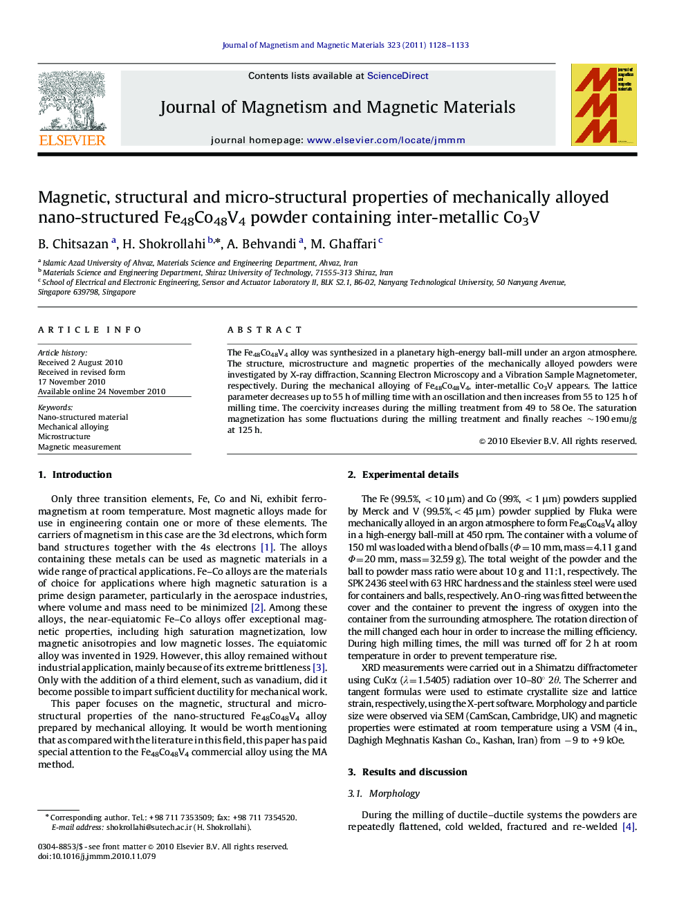 Magnetic, structural and micro-structural properties of mechanically alloyed nano-structured Fe48Co48V4 powder containing inter-metallic Co3V