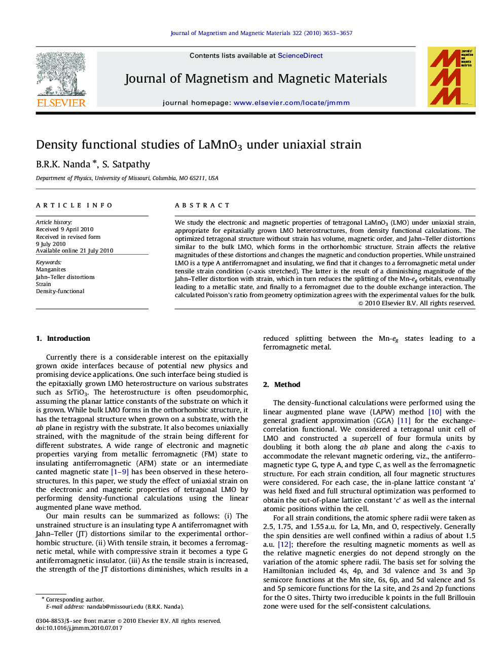 Density functional studies of LaMnO3 under uniaxial strain