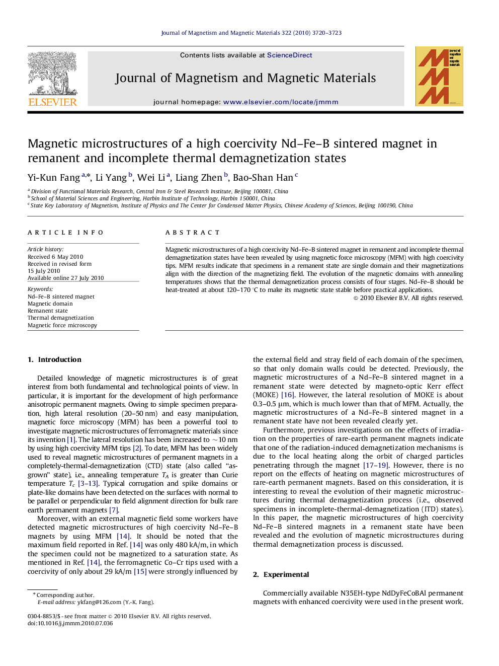 عکس صفحه اول مقاله: Magnetic microstructures of a high coercivity Nd–Fe–B sintered magnet in remanent and incomplete thermal demagnetization states Magnetic microstructures of a high coercivity Nd–Fe–B sintered magnet in remanent and incomplete thermal demagnetization states