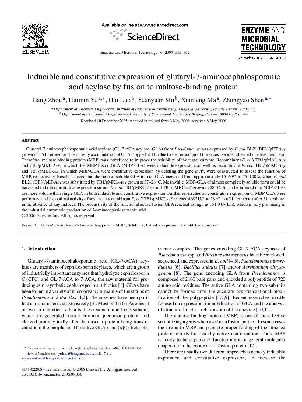 Inducible and constitutive expression of glutaryl-7-aminocephalosporanic acid acylase by fusion to maltose-binding protein