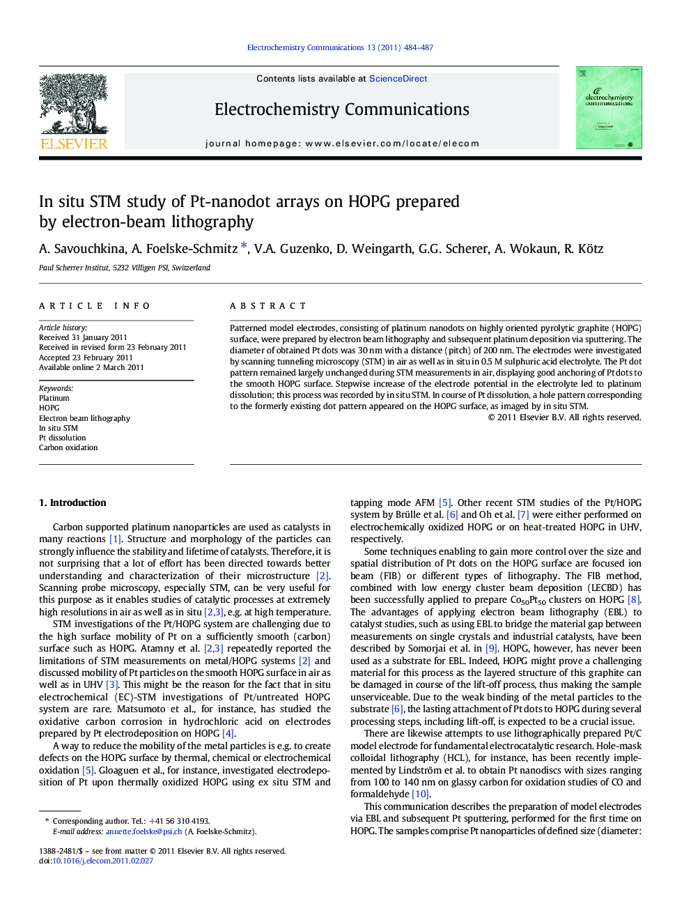 In situ STM study of Pt-nanodot arrays on HOPG prepared by electron-beam lithography