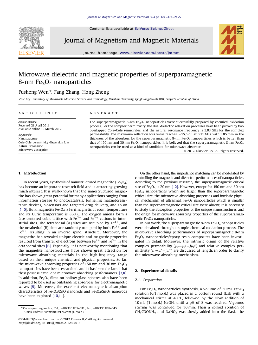 Microwave dielectric and magnetic properties of superparamagnetic 8-nm Fe3O4 nanoparticles