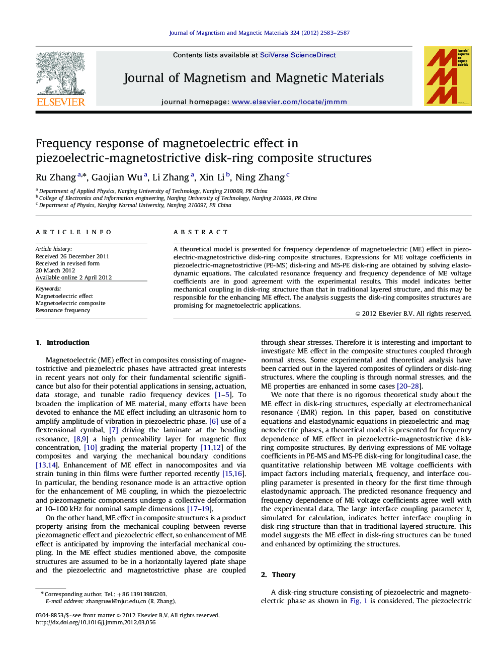 Frequency response of magnetoelectric effect in piezoelectric-magnetostrictive disk-ring composite structures