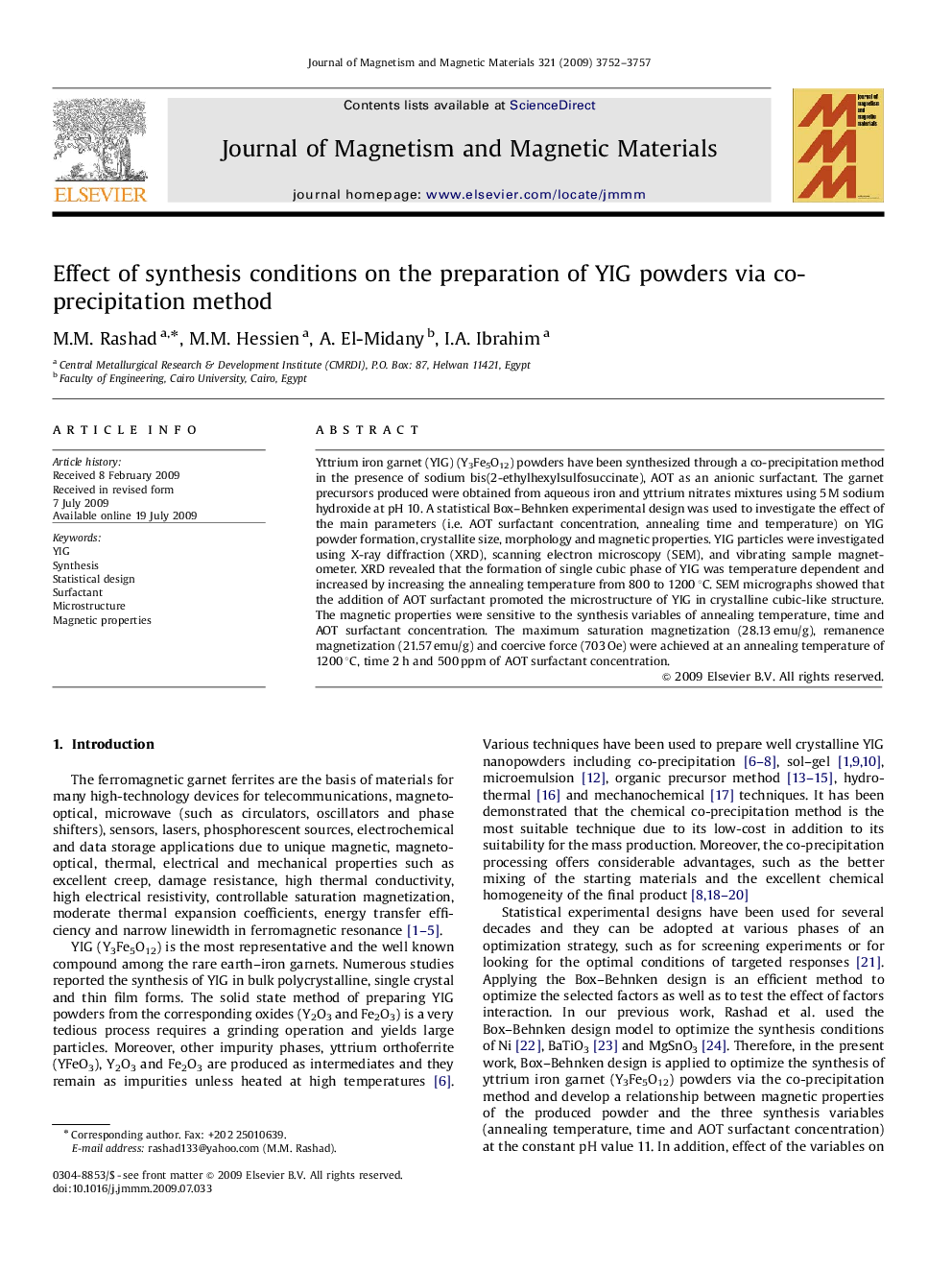 Effect of synthesis conditions on the preparation of YIG powders via co-precipitation method