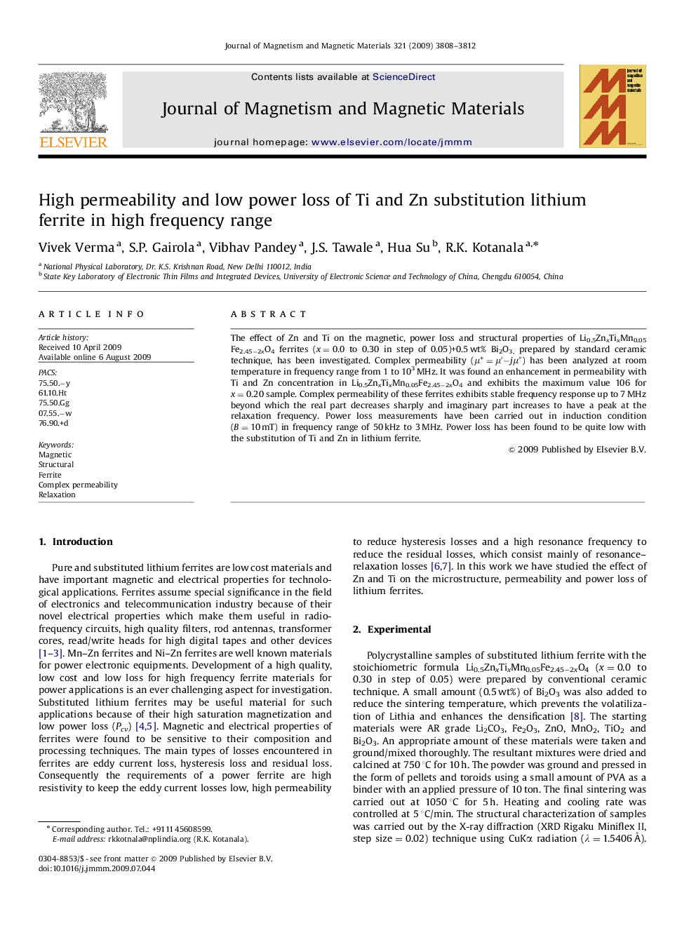 High permeability and low power loss of Ti and Zn substitution lithium ferrite in high frequency range