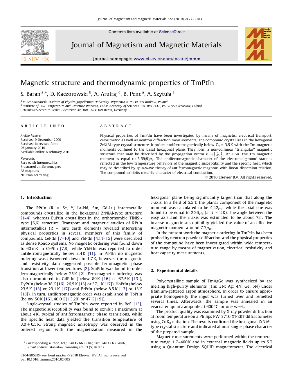 Magnetic structure and thermodynamic properties of TmPtIn