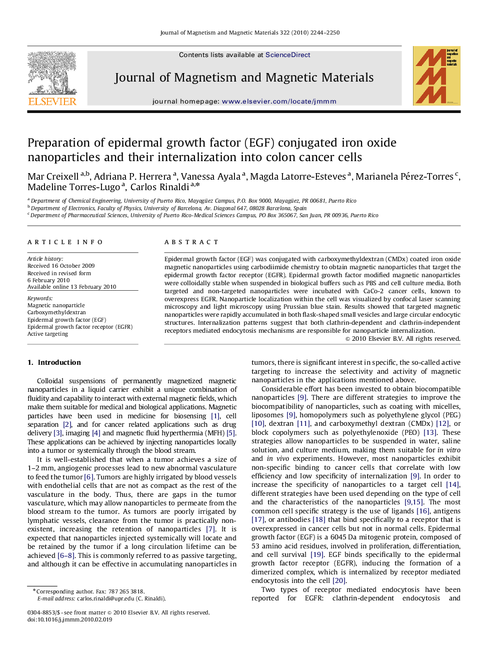 Preparation of epidermal growth factor (EGF) conjugated iron oxide nanoparticles and their internalization into colon cancer cells