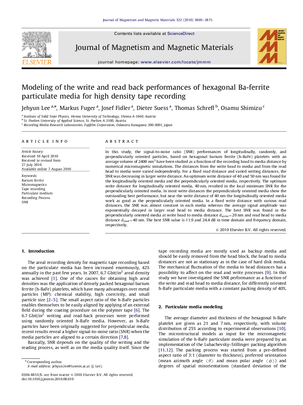 Modeling of the write and read back performances of hexagonal Ba-ferrite particulate media for high density tape recording