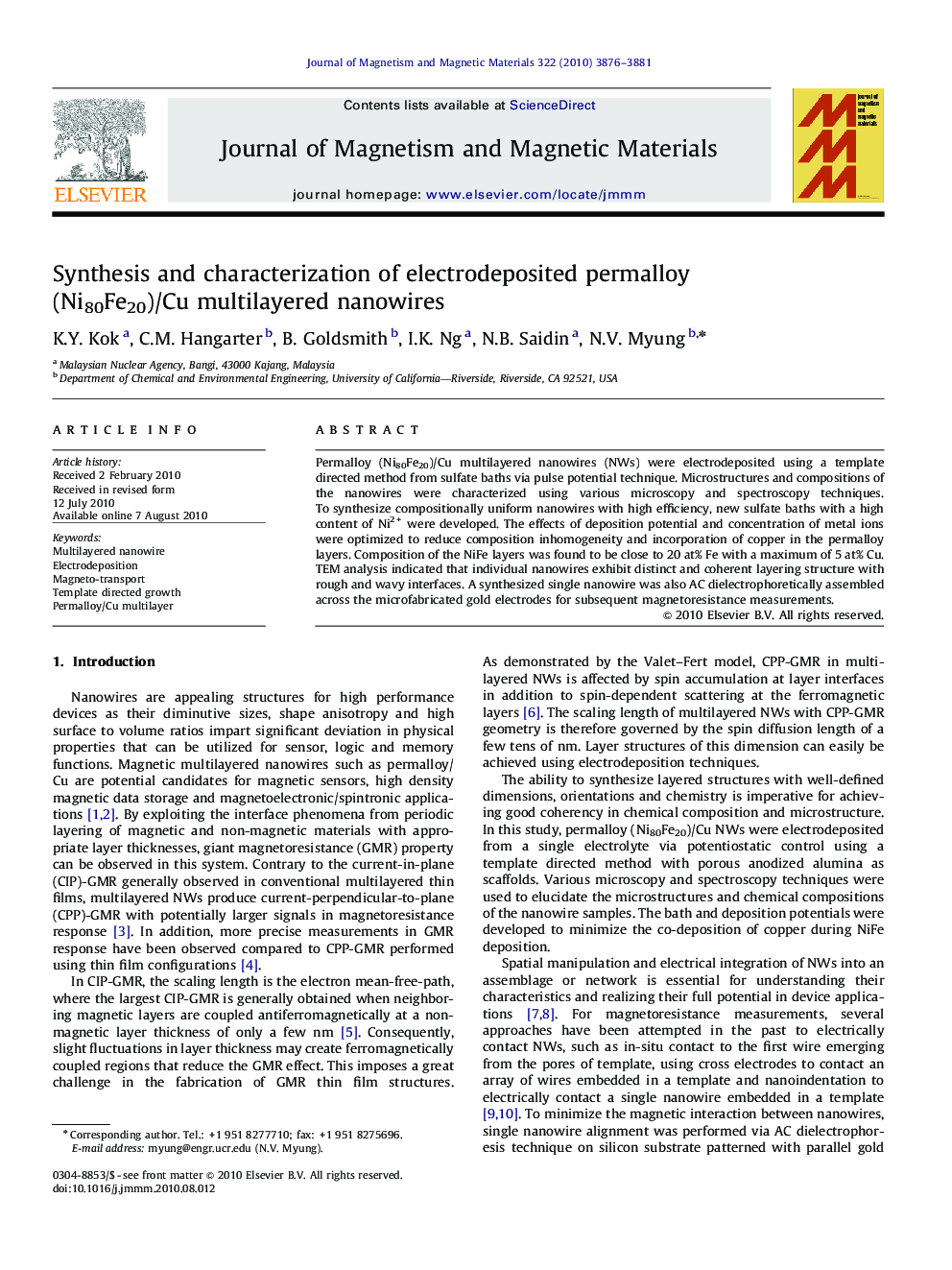 Synthesis and characterization of electrodeposited permalloy (Ni80Fe20)/Cu multilayered nanowires