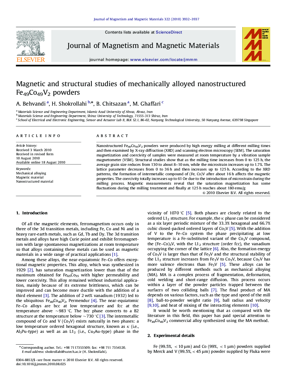 Magnetic and structural studies of mechanically alloyed nanostructured Fe49Co49V2 powders