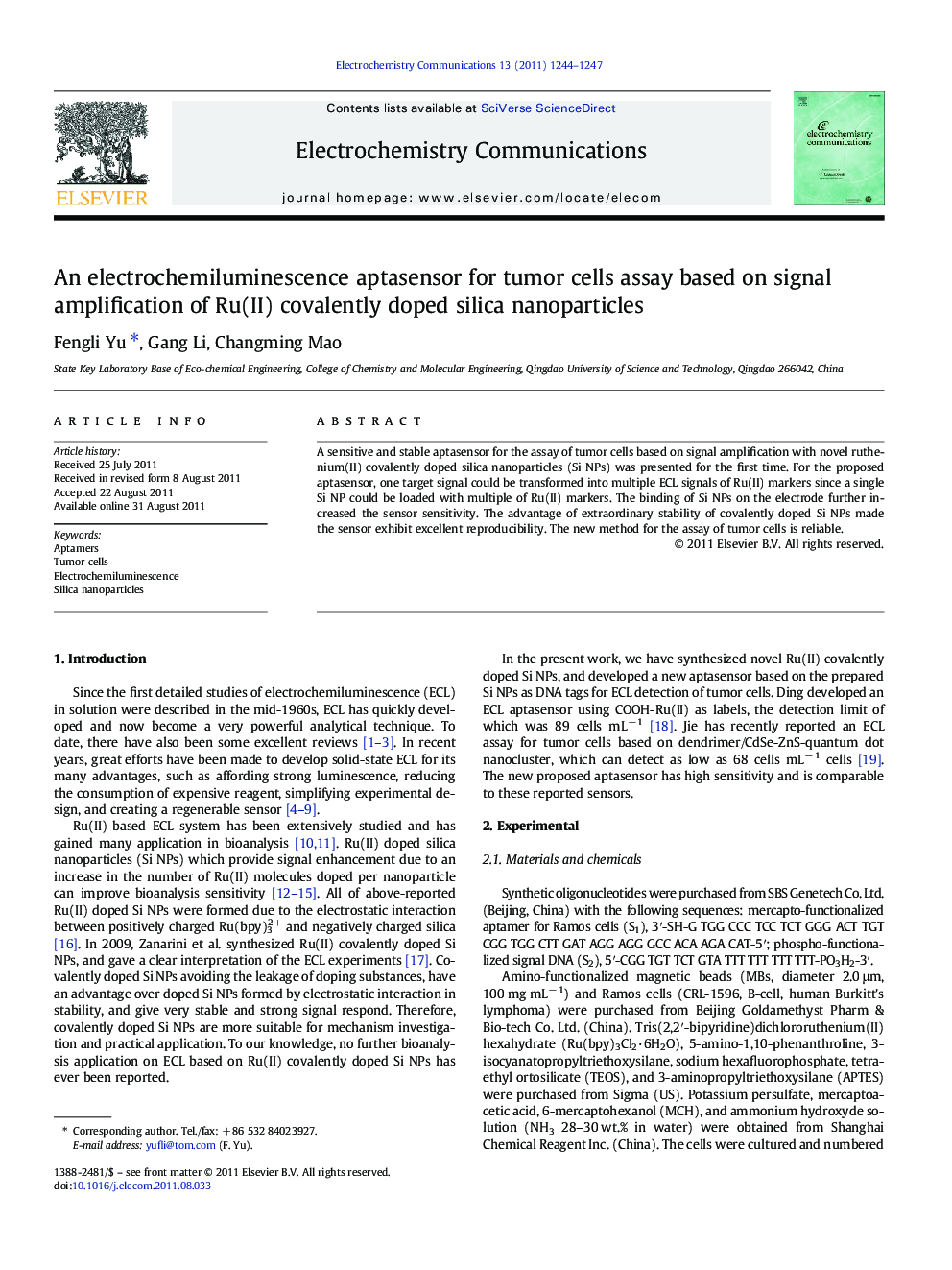 An electrochemiluminescence aptasensor for tumor cells assay based on signal amplification of Ru(II) covalently doped silica nanoparticles