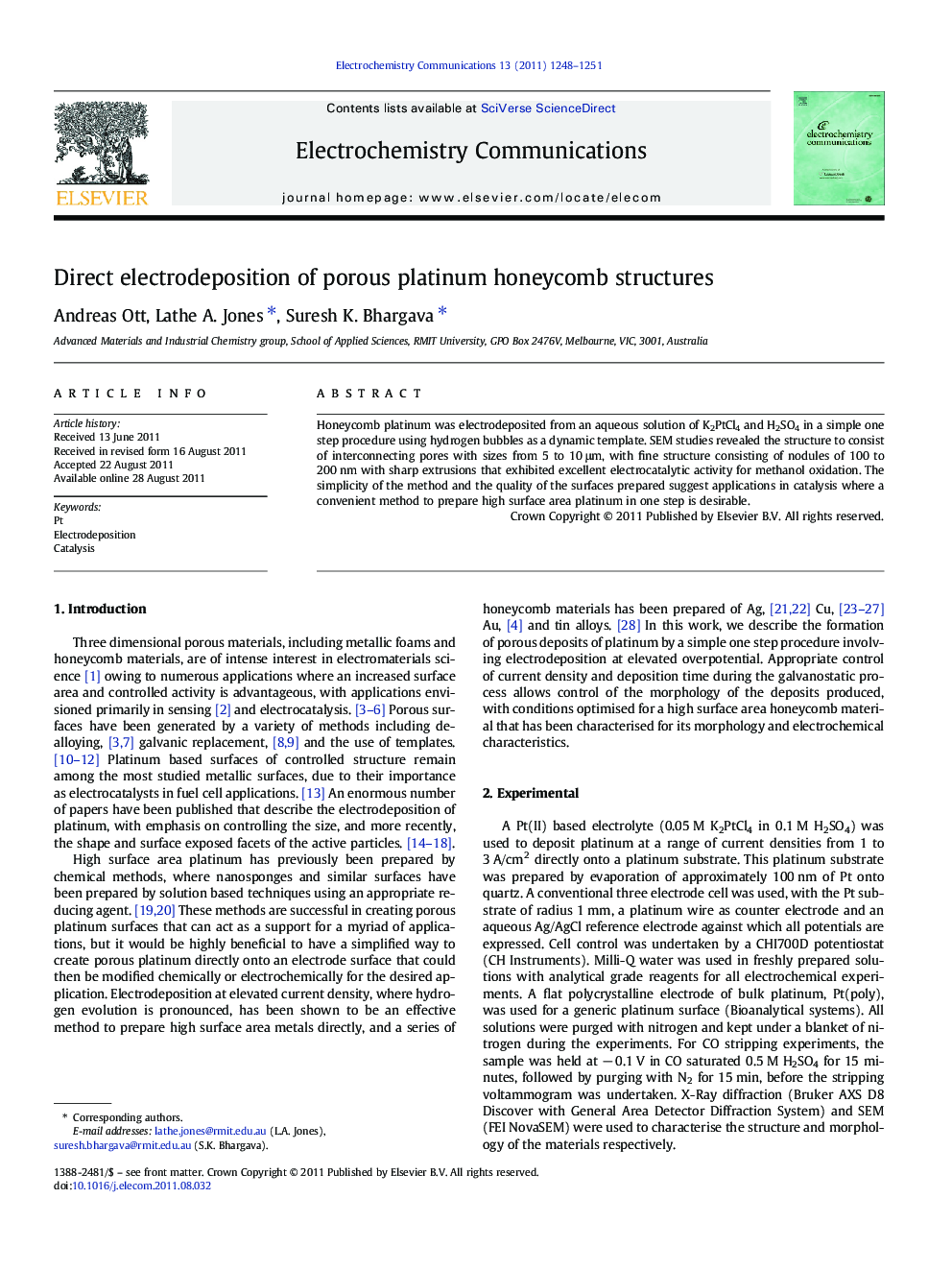 Direct electrodeposition of porous platinum honeycomb structures