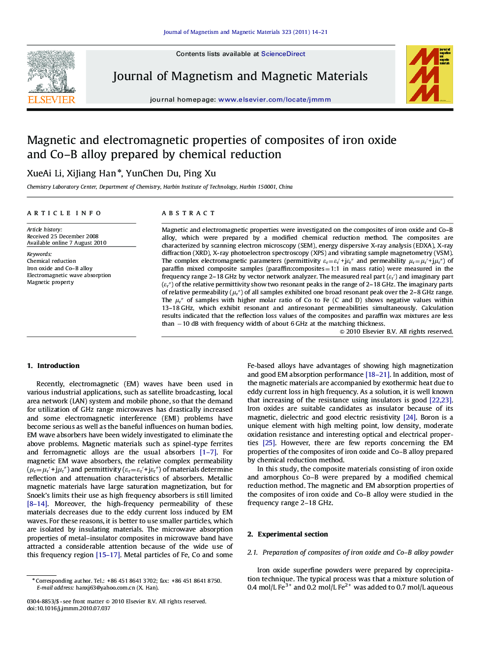 Magnetic and electromagnetic properties of composites of iron oxide and Co–B alloy prepared by chemical reduction