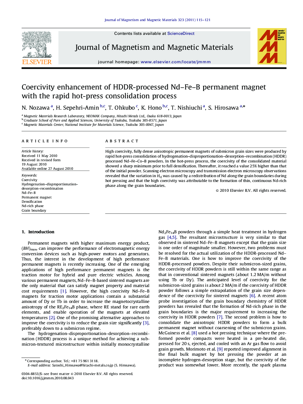 Coercivity enhancement of HDDR-processed Nd–Fe–B permanent magnet with the rapid hot-press consolidation process