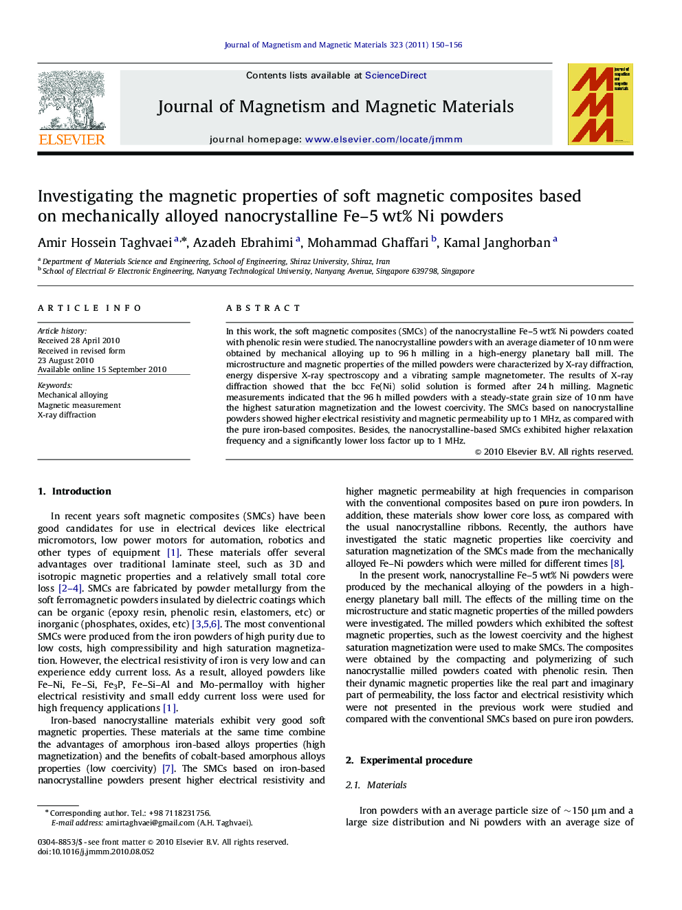 Investigating the magnetic properties of soft magnetic composites based on mechanically alloyed nanocrystalline Fe–5 wt% Ni powders