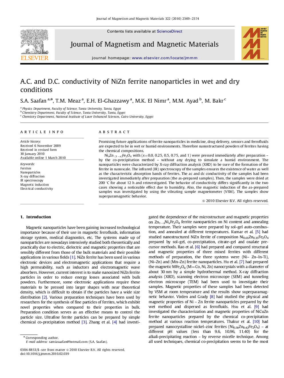 A.C. and D.C. conductivity of NiZn ferrite nanoparticles in wet and dry conditions